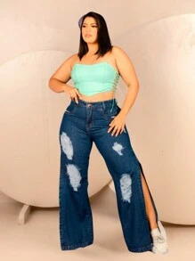 Plus Size High Waist Hem Jeans Made With Side Slit And Ripped Details - Màu xanh lam - Xem 4