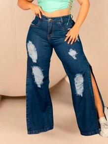 Plus Size High Waist Hem Jeans Made With Side Slit And Ripped Details - Màu xanh lam - Xem 1