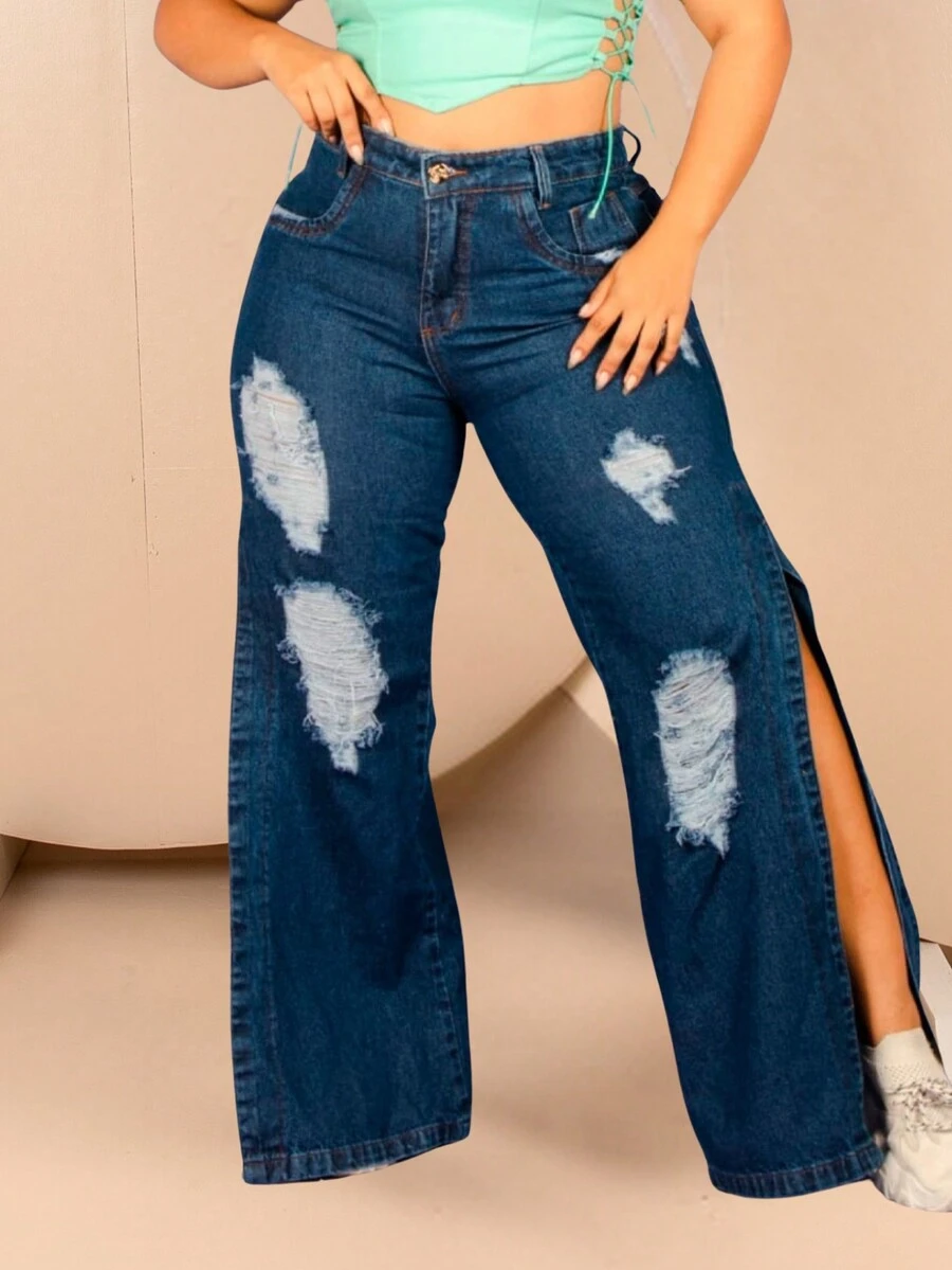 Plus Size High Waist Hem Jeans Made With Side Slit And Ripped Details - Màu xanh lam - Xem 1