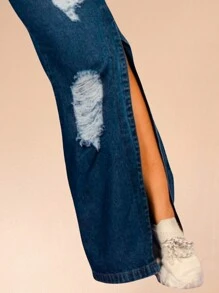 Plus Size High Waist Hem Jeans Made With Side Slit And Ripped Details - Màu xanh lam - Xem 3