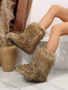 可爱小众 Shibuya Gyaru 蓬松靴 保暖高筒靴，露营最佳搭配毛衣，中筒冬季时尚毛绒女式雪地靴，时尚搭配开衫 - 卡其色 - 查看 5