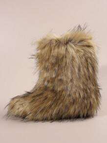 可爱小众 Shibuya Gyaru 蓬松靴 保暖高筒靴，露营最佳搭配毛衣，中筒冬季时尚毛绒女式雪地靴，时尚搭配开衫 - 卡其色 - 查看 3