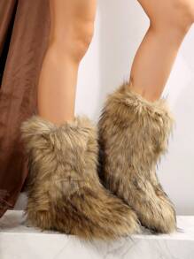 可爱小众 Shibuya Gyaru 蓬松靴 保暖高筒靴，露营最佳搭配毛衣，中筒冬季时尚毛绒女式雪地靴，时尚搭配开衫 - 卡其色 - 查看 9