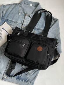1 件黑色休闲时尚新款多口袋大容量单肩斜跨手提包，纯色复古学院风，适合学生、日常、度假、健身、时尚百搭，适合女性 - 黑色 - 查看 7