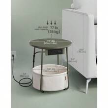 VASAGLE Side Table With Charging Station, Round End Table With Fabric Basket, Nightstand With Power Outlets USB Ports, For Living Room, Bedroom, Modern - Màu xanh Ô liu - Xem 5