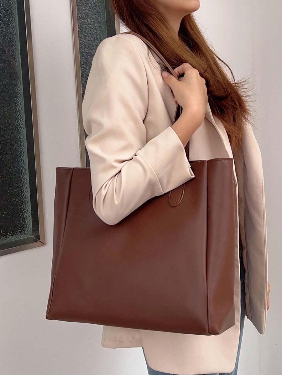 1 件女士纯色 PU 皮革拉链手提包，时尚简约设计，大容量，适合通勤、节日、礼物，女士时尚手提包 - 咖啡棕 - 查看 1
