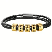 Customized Family Name Men's Bracelet, 3-Layer Black Leather Magnetic Bracelet, 20cm/22cm, Gold/Silver, Personalized Stainless Steel Beads, Laser Engraved With Family Name, Date, Birthday Gift, Christmas Gift, Father's Day Gift,Black,Gold,Stylish,Colorful,Vintage,Simple,Unisex,Casual,Cuties,Custom,Personalized,Unique,Ideal Gifts For Him,Ideal Gifts For Her,Her,Boyfriend,Girlfriend,Dad,Mom,Family,Friends,For Anniversaries,For Birthdays,For Graduation,For Prom,For Party,Stainless Steel Jewelry