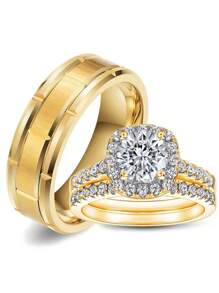 1 件奢华金色方晶锆石女士戒指套装和 1 件不锈钢男士戒指，情侣戒指，结婚珠宝礼物 - 金色 - 查看 1