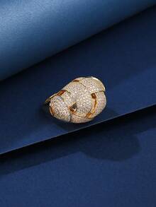 1 件铜材质时尚吊饰镂空设计锆石镶嵌男女通用戒指，适合女士礼物和日常佩戴 - 金黃色 - 查看 3