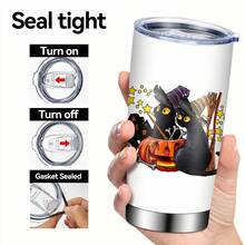 1 件 20 盎司不锈钢带盖玻璃水杯双层隔热保冷咖啡杯车载杯饮水瓶带盖万圣节黑猫南瓜杯送给家人和朋友的迷人礼物，万圣节礼物适合派对、家居、户外运动使用 - 彩色 - 查看 2