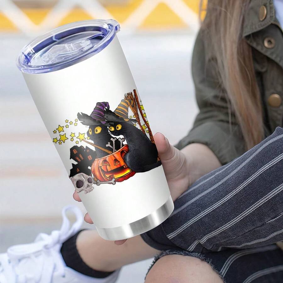 1 件 20 盎司不锈钢带盖玻璃水杯双层隔热保冷咖啡杯车载杯饮水瓶带盖万圣节黑猫南瓜杯送给家人和朋友的迷人礼物，万圣节礼物适合派对、家居、户外运动使用 - 彩色 - 查看 1