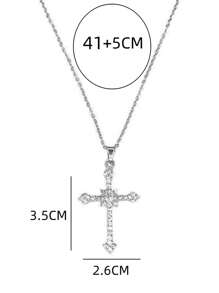 1 pieza Collar con diseño de cruz en forma de estrella de doble punta con cristales completos - Plateado - Ver 4