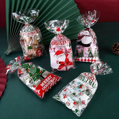 50pcs Christmas Party Candy Bags, Christmas Party Gift Bags, Christmas Packaging Bags, Party Supplies (With 1 Pack Of Curling Ribbon), Christmas