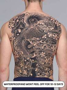 1 件麒麟背部临时纹身防水防汗持续 1-2 周逼真草本汁不反光防摩擦仿黑色假纹身男士背部纹身贴纸现代人体艺术 - 黑色 - 查看 4