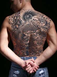 1 件麒麟背部临时纹身防水防汗持续 1-2 周逼真草本汁不反光防摩擦仿黑色假纹身男士背部纹身贴纸现代人体艺术 - 黑色 - 查看 3