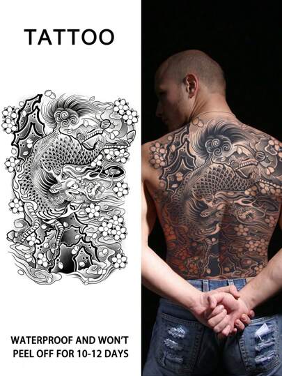 1Pc Kirin Backful Temporary Tattoo Waterproof Sweatproof Last For 1-2 Weeks Realistic Herbal Juice Non-Reflective Anti-Friction Faux Black Fake Tattoos For Man Tattoo Stickers For Back Modernist Body Art