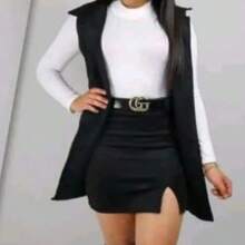Set de 4 piezas chaleco tipo blazer blusa crop manga larga falda mini corta con abertura lateral  sexy comoda juvenil coquette cinturon conjunto de dama