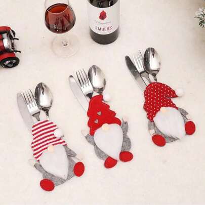 1/3/6pcs Christmas Cartoon No-Face Doll Knife And Fork Set Table Kitchen Decoration Prop, Creative 3D Cutlery Pouch,Christmas