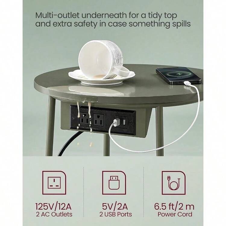 VASAGLE Side Table With Charging Station, Round End Table With Fabric Basket, Nightstand With Power Outlets USB Ports, For Living Room, Bedroom, Modern - Màu xanh Ô liu - Xem 4