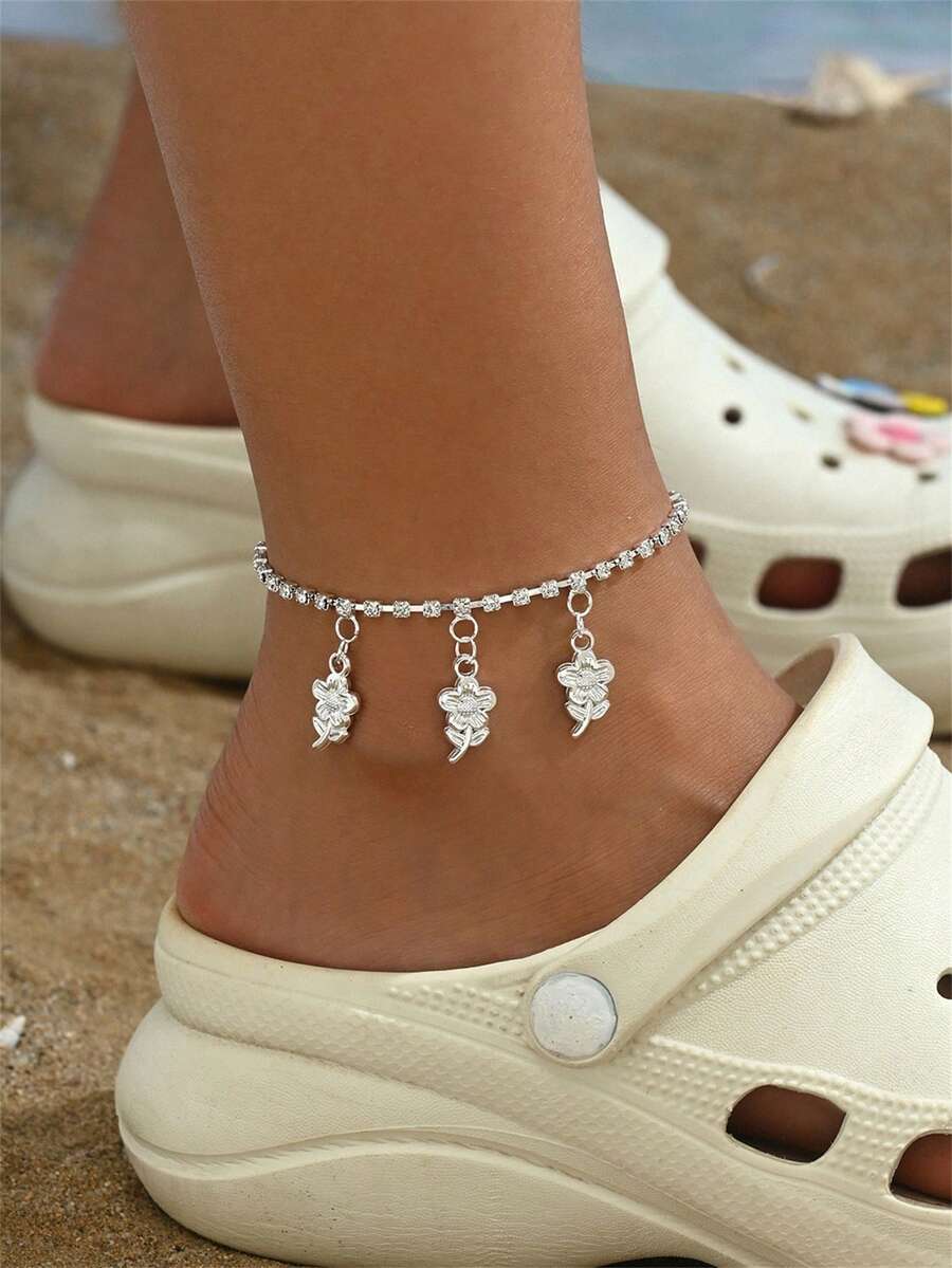 1 件大女孩时尚优雅银色向日葵锆石脚链，配有可调节链条，适合日常佩戴，展现女士优雅魅力，是送给朋友的绝佳生日礼物 - 銀色 - 查看 1