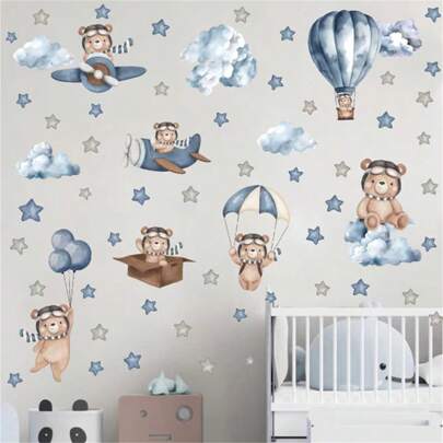 Tecknade djurbjörnklistermärken, varmluftsballongstjärnmolnväggdekaler, ballongbjörn, flygplansbjörnväggklistermärken, fallskärmsbjörnväggklistermärken, molnbjörnväggklistermärken, björnväggklistermärken i kartong, självhäftande PVC-flygplansdekal för barnrum, entré till barnkammaren Baby Väggdekorer Baby Shower Familj Dekorationer Presenter