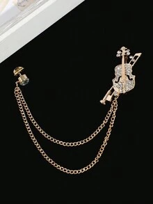 1pc Men's Fashion Gold/Silver Violin Guitar Crown Rhinestone Tassel Decor Musical Theme Brooch Pin For Suit Shirt Jacket Accessory, Party Wear - Multicolor - View 4