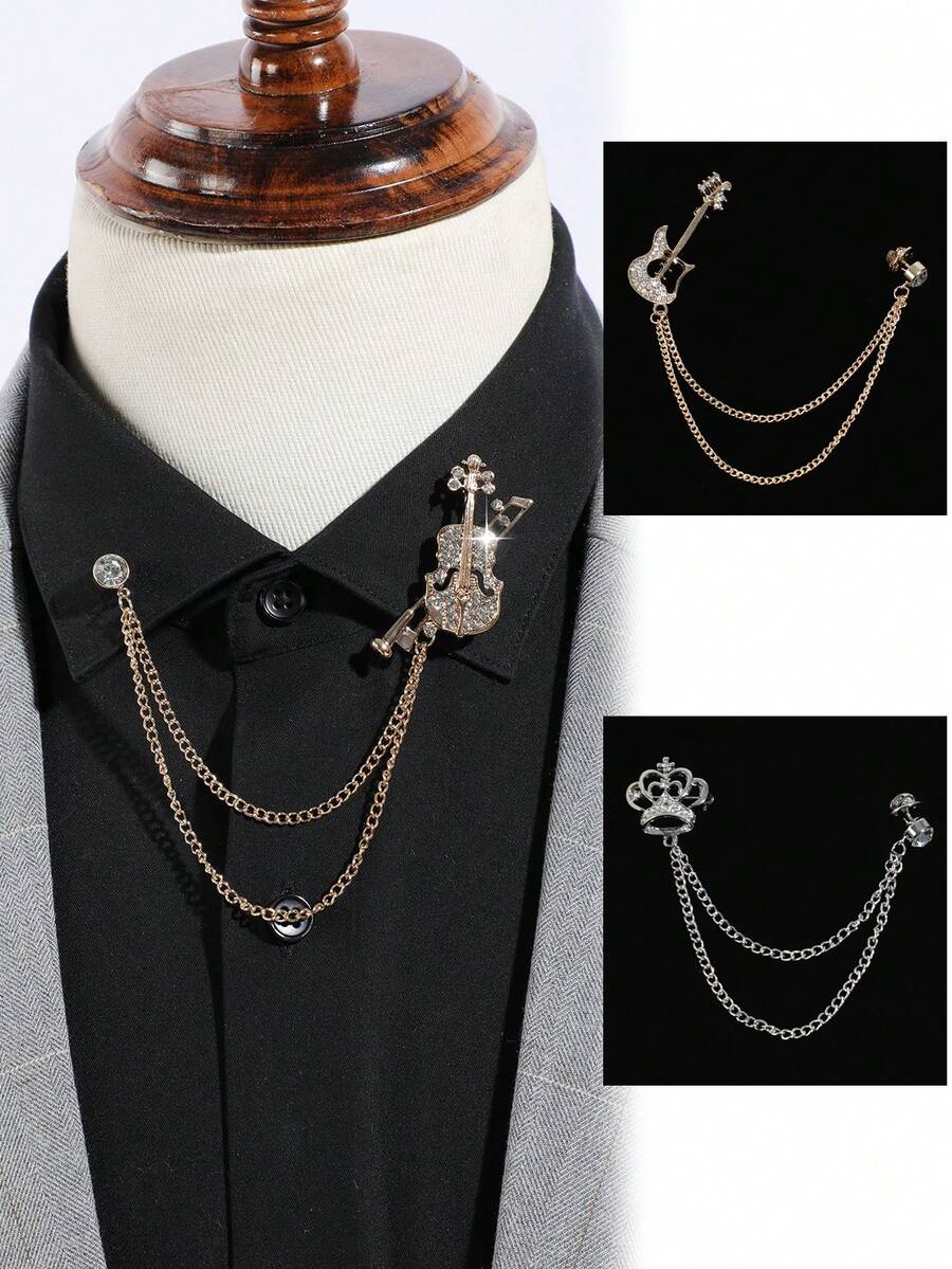 1pc Men's Fashion Gold/Silver Violin Guitar Crown Rhinestone Tassel Decor Musical Theme Brooch Pin For Suit Shirt Jacket Accessory, Party Wear - Multicolor - View 1