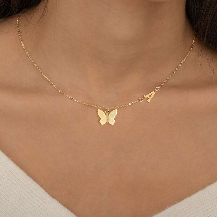 1件新款时尚金色蝴蝶字母吊坠不锈钢珠链项链，女士款 - 金黃色 - 查看 1