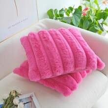 1pc Solid Color Cushion Cover (Pillow Insert Not Included), Soft Faux Fur Large Striped Decorative Pillow Sham, Suitable For Living Room Sofa - Hot Pink - View 4