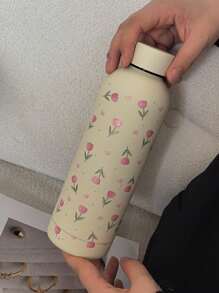 1 件 500 毫升（17 盎司）不锈钢双层保温杯，花卉图案设计，真空密封杯，适用于热饮和冷饮，旅行杯，节日、生日、圣诞节、返校水瓶礼物 - 米色 - 查看 9