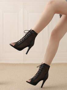 爵士舞高跟鞋系带露趾靴舞蹈黑色舞鞋系带低帮短靴黑色靴子女士时尚短靴 - 黑色 - 查看 2