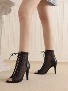 爵士舞高跟鞋系带露趾靴舞蹈黑色舞鞋系带低帮短靴黑色靴子女士时尚短靴 - 黑色 - 查看 4