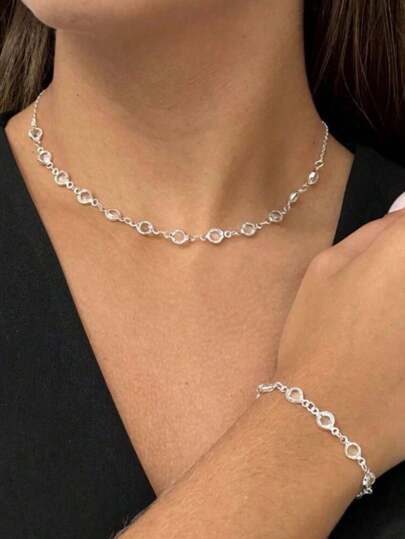 Kit colar e pulseira pedra ponto de luz cristal banhado a ouro 18k a prata 925