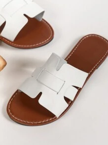 宽版女士时尚蛇皮露趾休闲夏季 PU 平底凉鞋 - 白色 - 查看 4