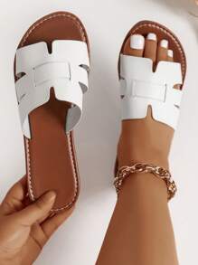 宽版女士时尚蛇皮露趾休闲夏季 PU 平底凉鞋 - 白色 - 查看 1