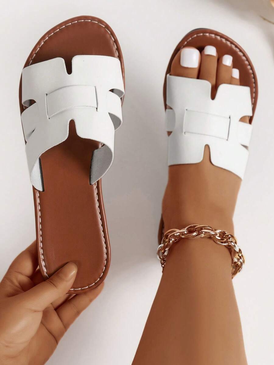 宽版女士时尚蛇皮露趾休闲夏季 PU 平底凉鞋 - 白色 - 查看 1