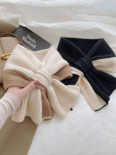 1pc Women Contrast Color Crossed Knit Scarf, Fashionable & Soft Shawl Wrap Valentine Day Valentines