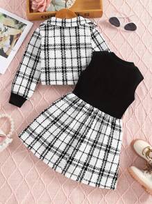 2pcs/Set Young Girl Fashion Plaid Lapel Collar Long Sleeve Jacket & Sleeveless Dress Set, Spring & Autumn - Black - View 2