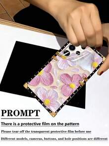 1pc Pink Painted Floral Pattern Rectangle Shockproof Stylish Phone Case Compatible With IPhone 7 Plus/8 Plus/XR/XS Max/11/11 Pro/11 Pro Max/12/12 Pro/12 Pro Max/13/13 Pro/13 Pro Max/14/14 Pro/14 Plus/14 Pro Max/15/15 Pro/15 Plus/15 Pro Max, Galaxy Z Flip3/Z Flip4, S23 FE/S20+/S20U/S21U/S22U/S23U/S24 Ultra 5G, Note20 Ultra/Note10+, A04E/A05/A12/A13 4G/A14/A15/A22/A23/A24/A25/A32/A33/A34/A52/A53/A54/A55/A72/A73 5G, OPPO A38/A18/A78 5G/A98/A79 5G, Realme C53/C55, Redmi Note12 Pro+ 5G/Note13 Pro, Vivo Y36 5G. The Phone Case May Display Different Colors Under Different Lighting Conditions, And There Is A Protective Film On The Pattern, Please Remove It Before Use. - Multicolor - View 2