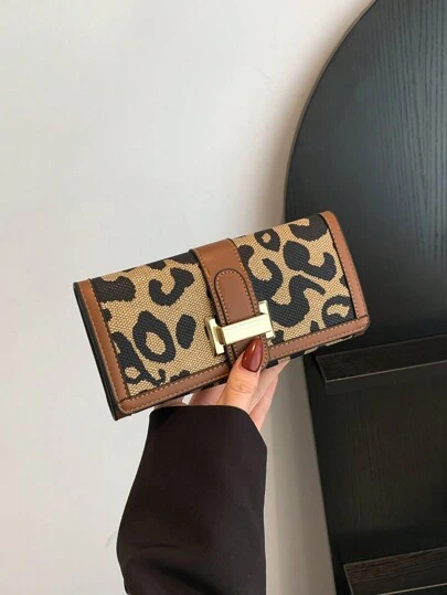 女士复古豹纹 PU 皮革拉链硬币多卡位大容量三折手拿包女士钱包钱包长款钱包