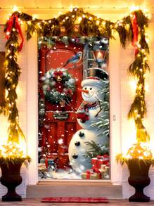 1pc Christmas Themed Door Flag, Beautifully Featuring Snowman, Falling Snowflakes, Festive Wreath, Paired With Red Wooden Door, Lively Birds And Colorful Gifts, Creating A Warm And Romantic Winter Snowy Scene. Suitable For Indoor And Outdoor Door/Wall Decor, Whether For Cozy Christmas Family Gatherings Or Lively Christmas Parties, It Can Instantly Enhance The Holiday Atmosphere And Add A Strong Christmas Vibe To Your Home And Event Space, An Excellent Choice For Holiday Decorations.