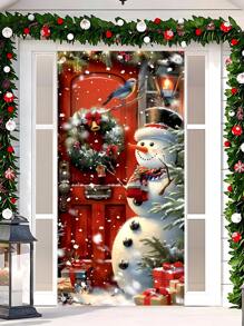1pc Christmas Themed Door Flag, Beautifully Featuring Snowman, Falling Snowflakes, Festive Wreath, Paired With Red Wooden Door, Lively Birds And Colorful Gifts, Creating A Warm And Romantic Winter Snowy Scene. Suitable For Indoor And Outdoor Door/Wall Decor, Whether For Cozy Christmas Family Gatherings Or Lively Christmas Parties, It Can Instantly Enhance The Holiday Atmosphere And Add A Strong Christmas Vibe To Your Home And Event Space, An Excellent Choice For Holiday Decorations.