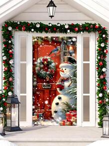 1pc Christmas Themed Door Flag, Beautifully Featuring Snowman, Falling Snowflakes, Festive Wreath, Paired With Red Wooden Door, Lively Birds And Colorful Gifts, Creating A Warm And Romantic Winter Snowy Scene. Suitable For Indoor And Outdoor Door/Wall Decor, Whether For Cozy Christmas Family Gatherings Or Lively Christmas Parties, It Can Instantly Enhance The Holiday Atmosphere And Add A Strong Christmas Vibe To Your Home And Event Space, An Excellent Choice For Holiday Decorations.