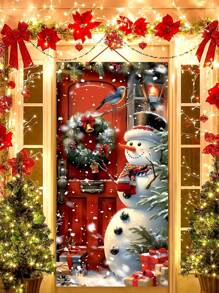 1pc Christmas Themed Door Flag, Beautifully Featuring Snowman, Falling Snowflakes, Festive Wreath, Paired With Red Wooden Door, Lively Birds And Colorful Gifts, Creating A Warm And Romantic Winter Snowy Scene. Suitable For Indoor And Outdoor Door/Wall Decor, Whether For Cozy Christmas Family Gatherings Or Lively Christmas Parties, It Can Instantly Enhance The Holiday Atmosphere And Add A Strong Christmas Vibe To Your Home And Event Space, An Excellent Choice For Holiday Decorations.