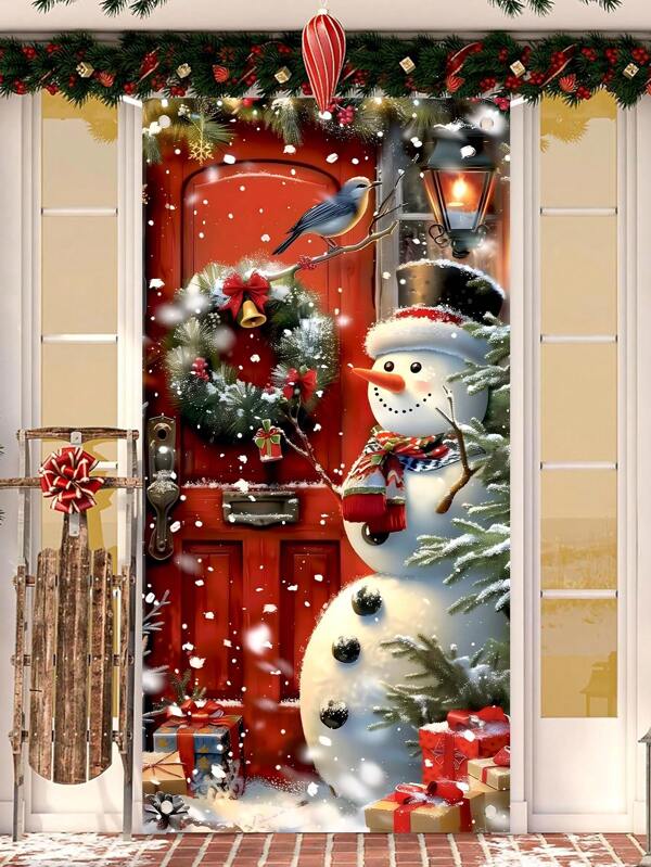 1pc Christmas Snowman & Snowflake Wreath Design Door Flag, Indoor & Outdoor Christmas Home Party Decoration,Christmas