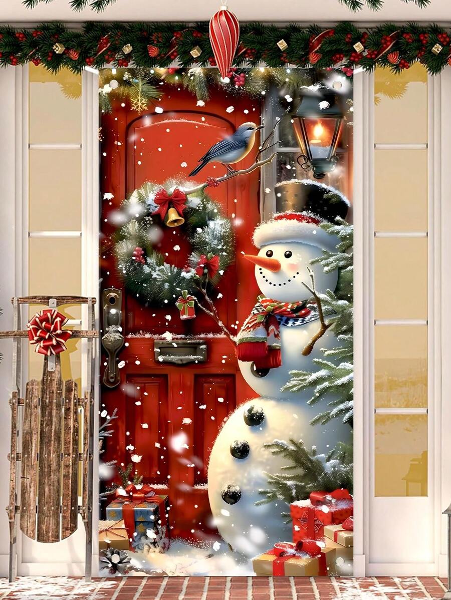 1pc Christmas Themed Door Flag, Beautifully Featuring Snowman, Falling Snowflakes, Festive Wreath, Paired With Red Wooden Door, Lively Birds And Colorful Gifts, Creating A Warm And Romantic Winter Snowy Scene. Suitable For Indoor And Outdoor Door/Wall Decor, Whether For Cozy Christmas Family Gatherings Or Lively Christmas Parties, It Can Instantly Enhance The Holiday Atmosphere And Add A Strong Christmas Vibe To Your Home And Event Space, An Excellent Choice For Holiday Decorations.