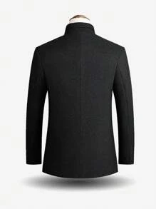 男士长袖修身立领单排扣羊毛冬季大衣 - 黑色 - 查看 2