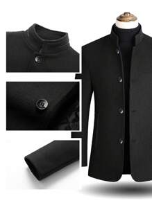 男士长袖修身立领单排扣羊毛冬季大衣 - 黑色 - 查看 3