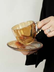 1入組裝飾有珠飾手柄復古玻璃咖啡杯碟套裝，適用於家居下午茶，奶茶或咖啡