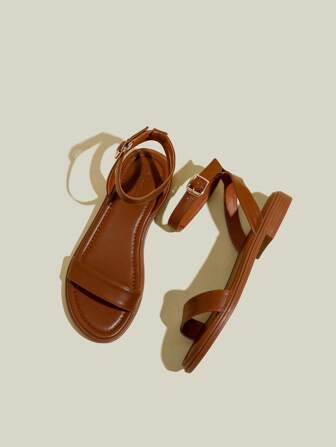 女士平底露趾绑带凉鞋，夏季休闲软底沙滩鞋